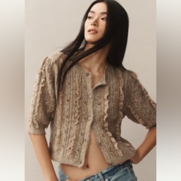 Maeve Beaded Ruffle Short Sleeve Cardigan NWT - Picture 2 of 10